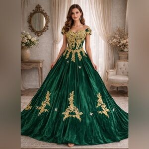 Green Ball Gown Size 4 Prom Quinceañera Dress Gold Appliqué Corset Back W/ Train